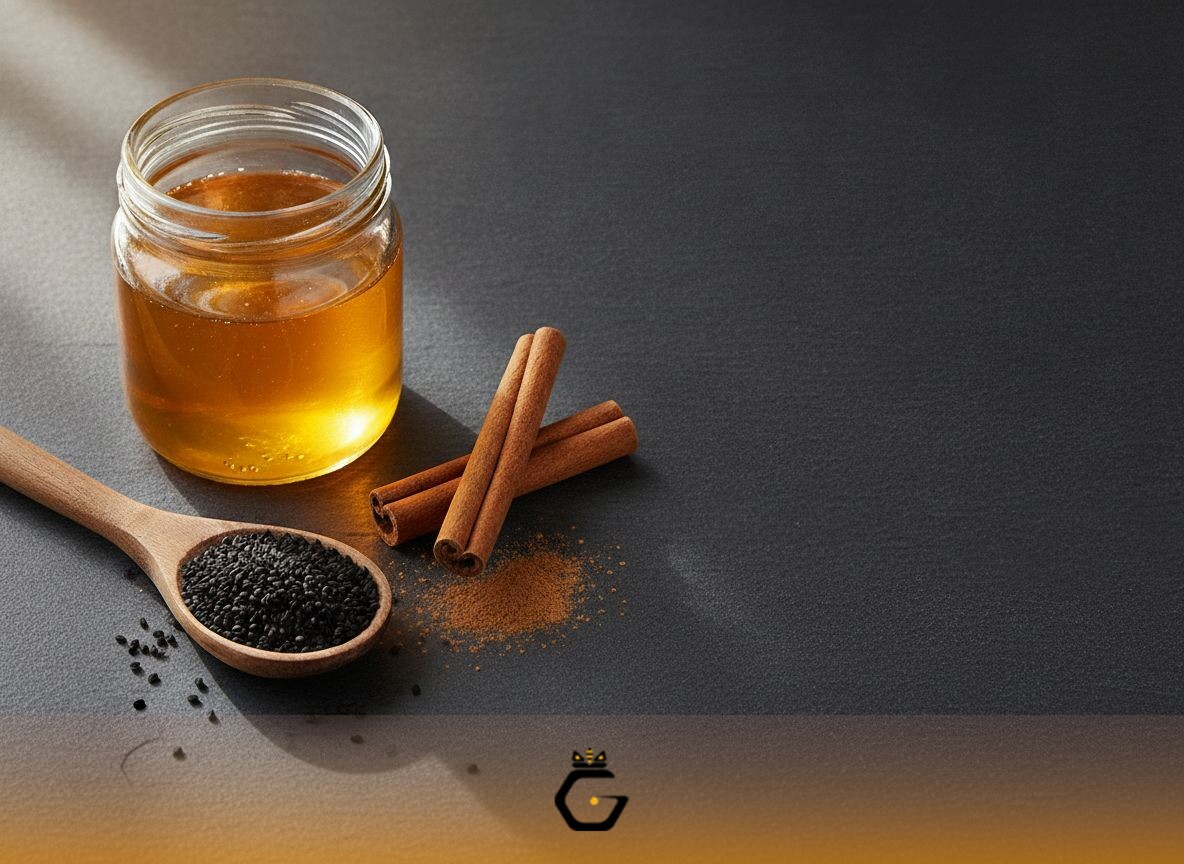 ترکیب لاغری سیاه دانه، عسل و پودر دارچین در یک ظرف سنگی