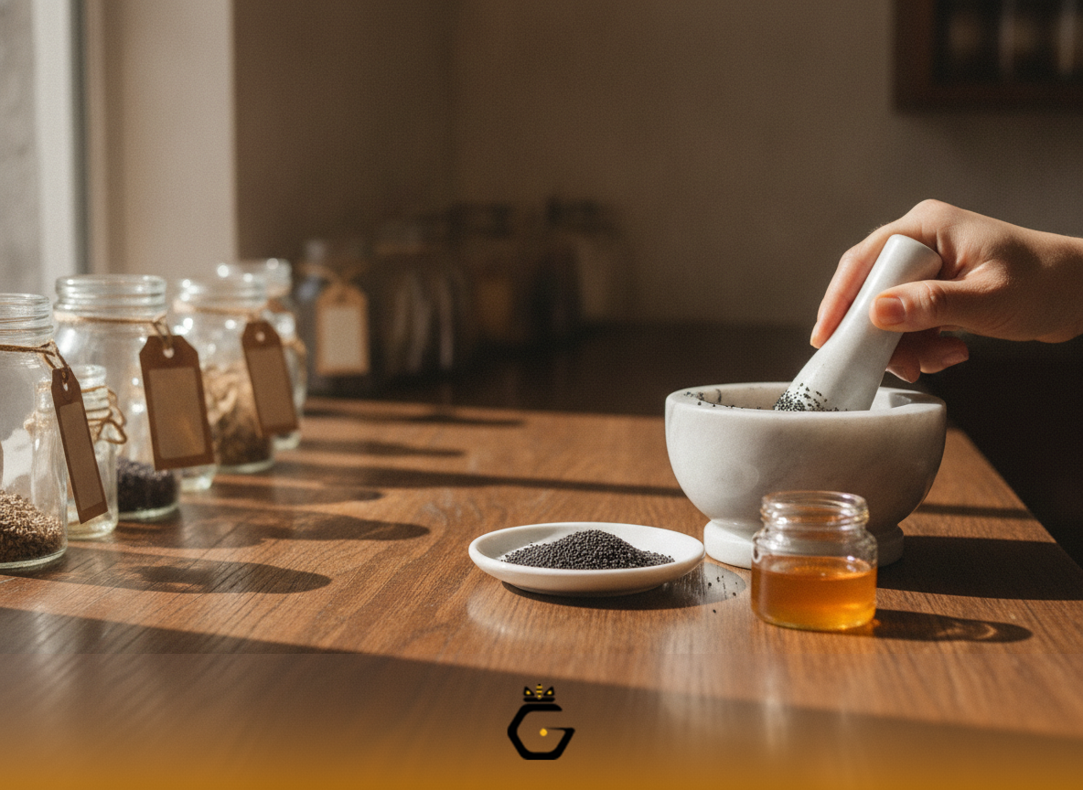 آسیاب کردن سیاه‌دانه تازه بلافاصله قبل از ترکیب با عسل برای حفظ تیموکینون مؤثر