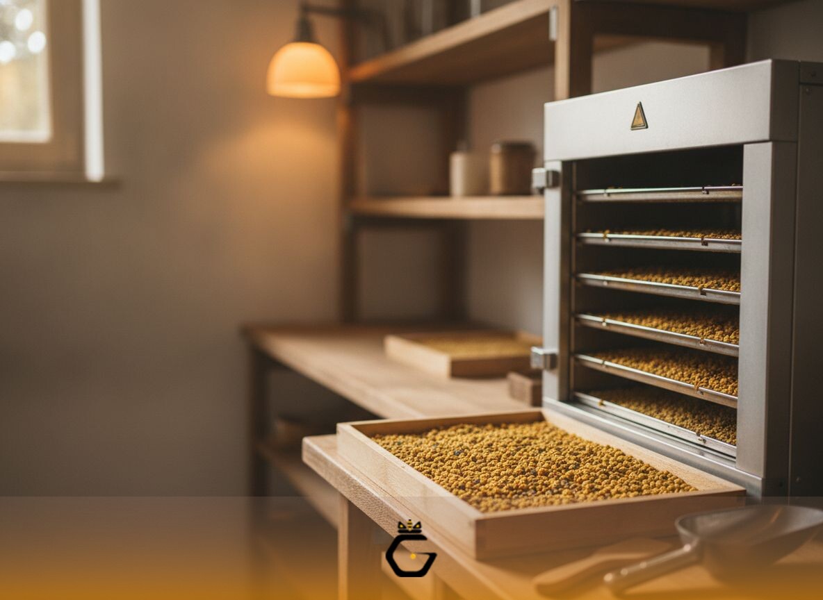 خشک‌کردن استاندارد گرده گل با دمای پایین و کنترل‌شده برای حفظ آنزیم‌ها و ویتامین‌ها
