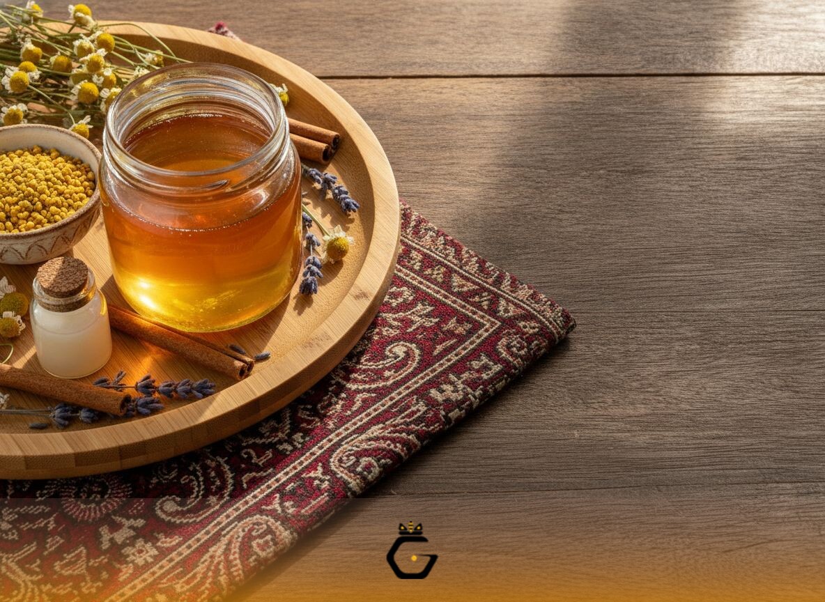 هنر چیدمان و بسته‌بندی مجدد پک هدیه عسل طبیعی با گل‌های خشک، پارچه‌های سنتی و سینی‌های چوبی برای ایجاد یک هدیه خاص و لوکس