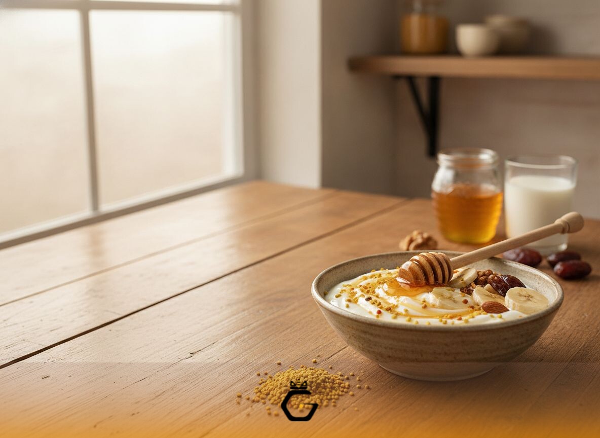 ترکیب عسل و گرده گل با شیر، خرما، مغزها و موز برای افزایش کالری سالم